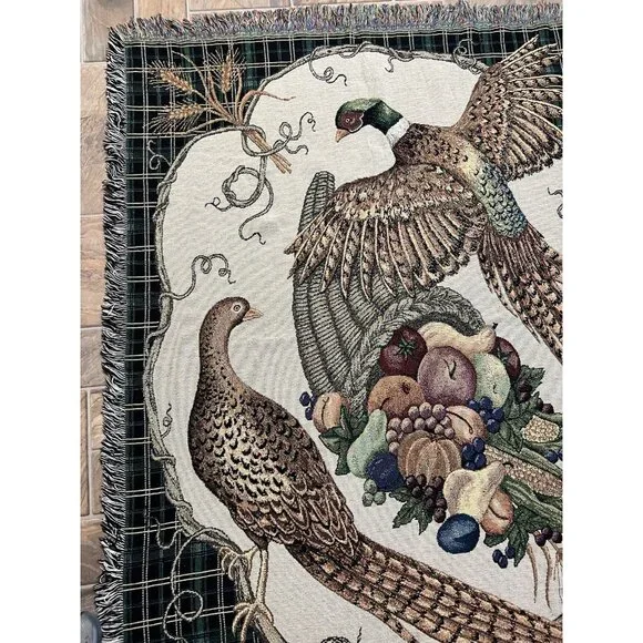 Vtg Tapestry Throw 52x68 Pheasant Cornucopia Harvest Cabin Lodge Fringe Blanket - Picture 10 of 13